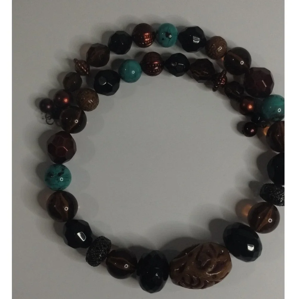 Boho Multi Strand Memory Wire Wrap‎ Bracelet Brown Turquoise Black Carved Rose